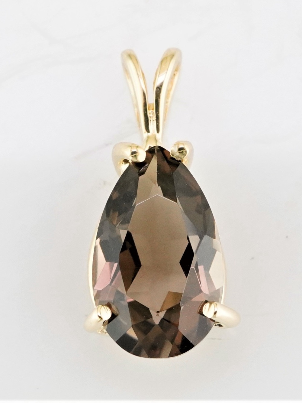 Solid 14k yellow gold pear shaped Smokey quarts pendant